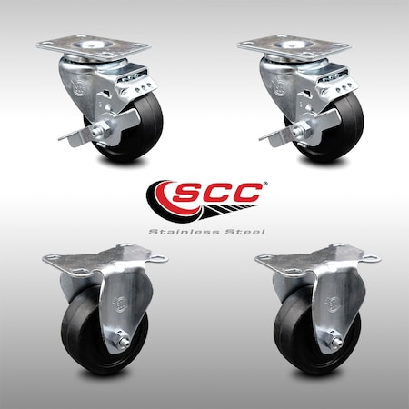 Service Caster 3 Inch SS Soft Rubber Wheel Top Plate Caster Set with 2 Brake 2 Rigid SCC SCC-SS20S314-SRS-TLB-2-R-2